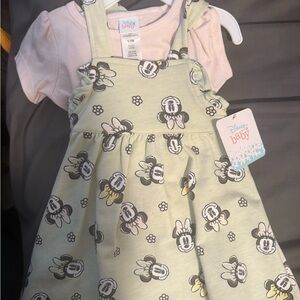 Disney Baby Minnie Mouse Sage Green Overall Dress with Pink Bodysuit 6-9 months